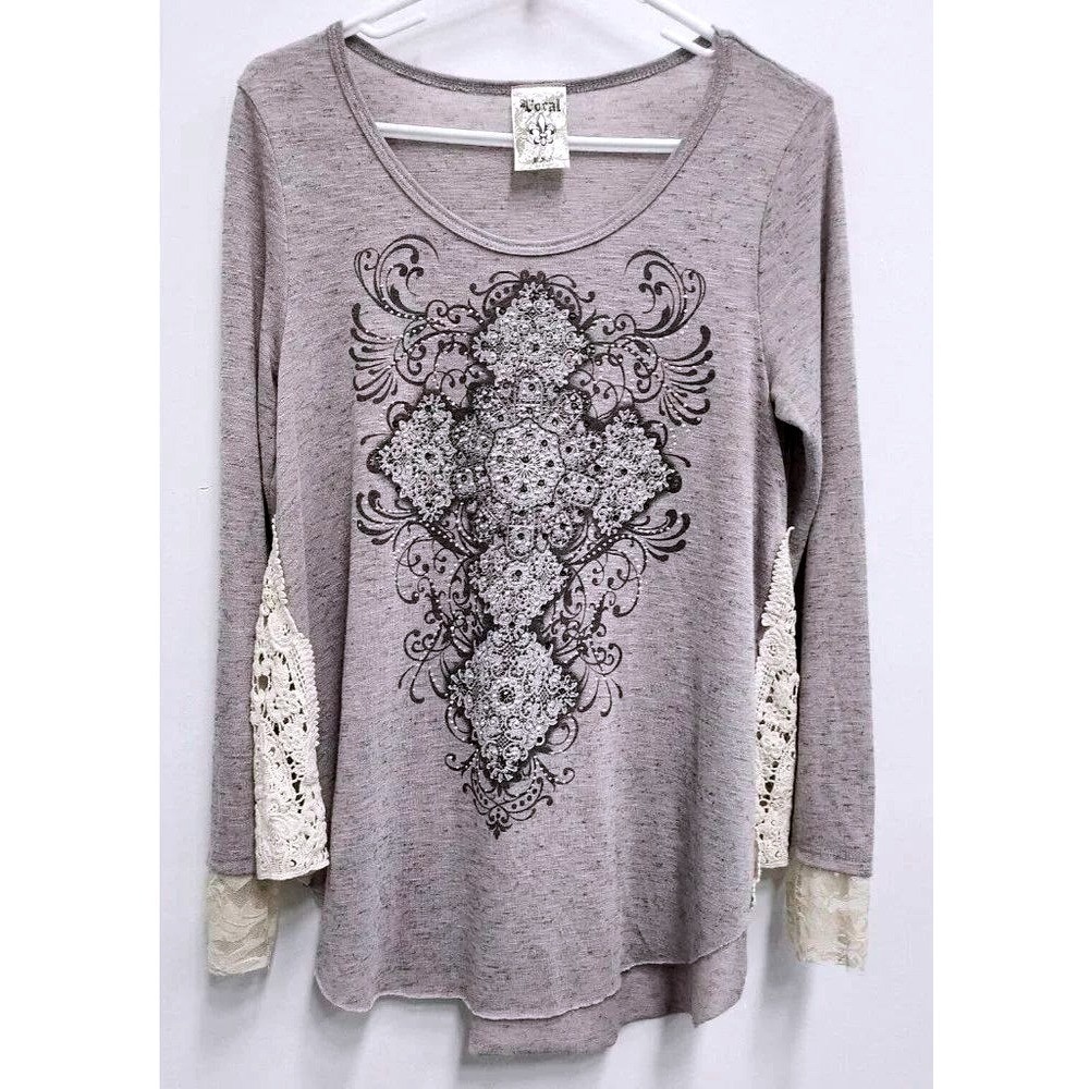 Vocal Long Sleeve BOHO Top Womens L Gray Cross Graphic Rhinestone Lace Trim